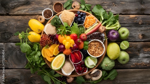 Healthy food with organic fruit, vegetables, grains and high fibre foods on a rustic wooden table