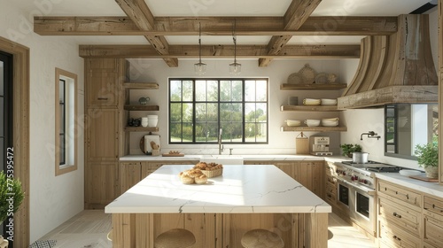 A bright and airy farmhouse kitchen with white marble backsplash, oak cabinets, natural wood beams in the ceiling, an island bar in the center of it all and soft lighting.