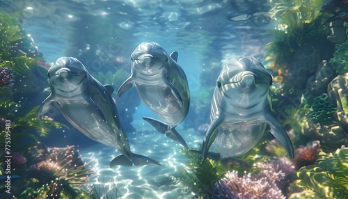 Three dolphins in the depths of the ocean