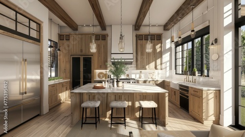 A bright and airy farmhouse kitchen with white marble backsplash  oak cabinets  natural wood beams in the ceiling  an island bar in the center of it all and soft lighting.