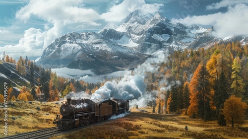 A steam locomotive with yellow and black carriages chugs through the forest, surrounded by autumn snow-capped mountains, with a river flowing next to it, view from a drone.