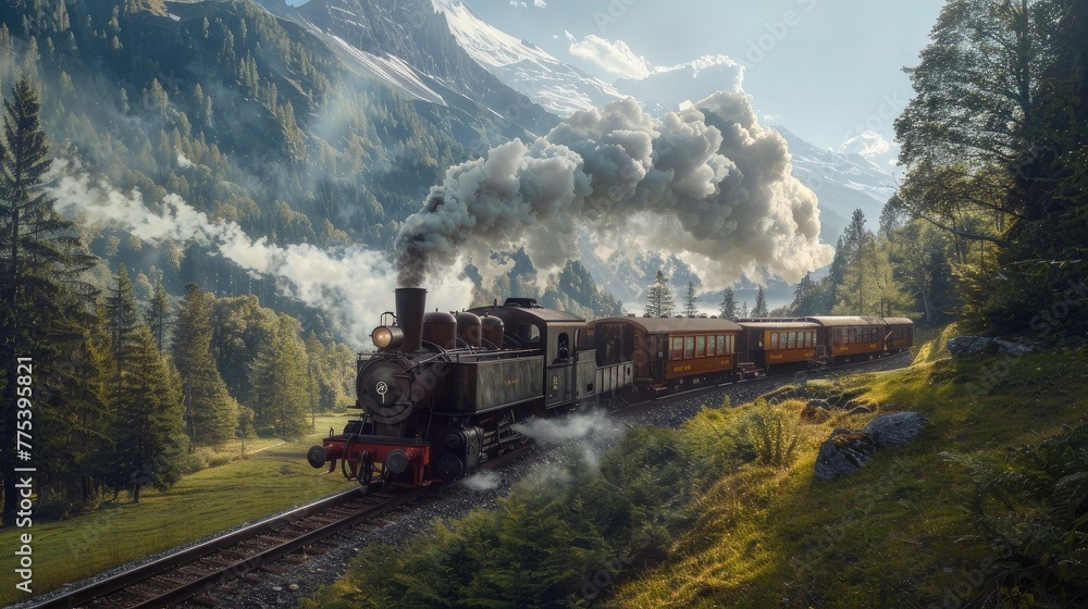 Obraz premium A steam locomotive speeds through lush green mountains, smoke pours from its chimney, and trees line both sides of the tracks. The scene shows a picturesque landscape.