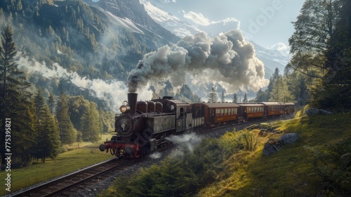 A steam locomotive speeds through lush green mountains, smoke pours from its chimney, and trees line both sides of the tracks. The scene shows a picturesque landscape.