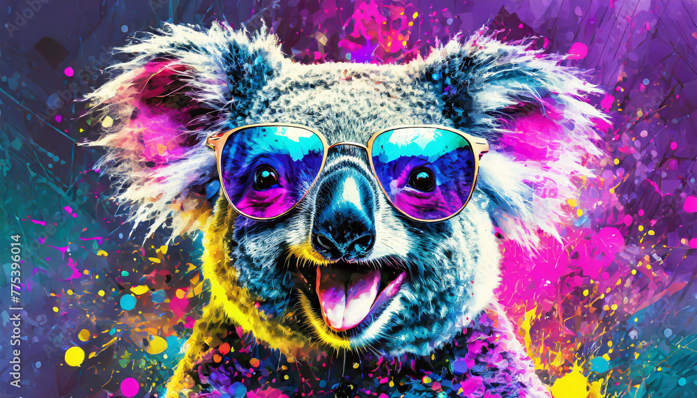 Vibrant pop art style portrait of a koala bear wearing sunglasses with mouth open and paint splattering effect. AI generated wallpaper.