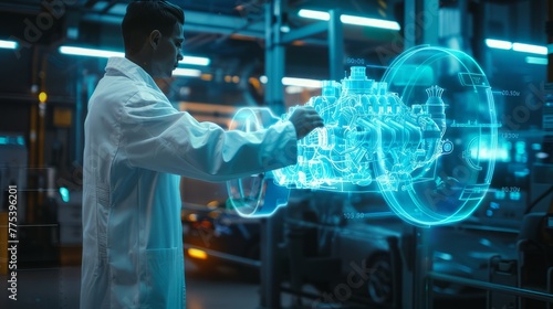 A scientist in a white coat conducts research on his car's engine through a transparent blue hologram that can be held. High-level hologram.