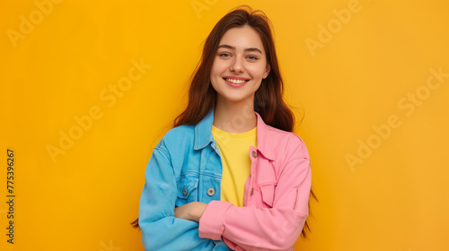 Mulher sorrindo de braços cruzados vestindo azul e rosa no fundo amarelo © Vitor