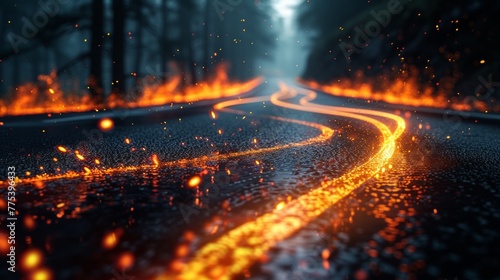 A road with fire on it and a forest in the background, AI
