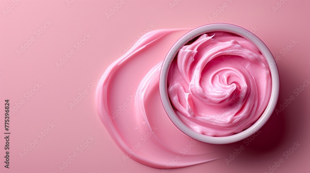 A bowl of pink cream with a spoon in it, AI A bowl of pink cream with a spoon in it, AI