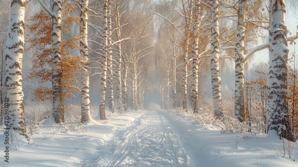 Fototapeta premium Snowy forest road, trees lined both sides, snow beneath