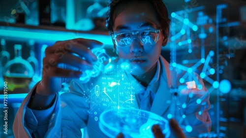 A female researcher from China examines something from a transparent blue hologram.