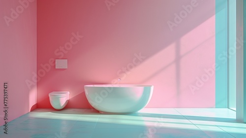 A bathroom with a white tub and blue walls, AI