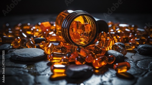 A bottle of pills spilling out onto a pile of rocks, AI