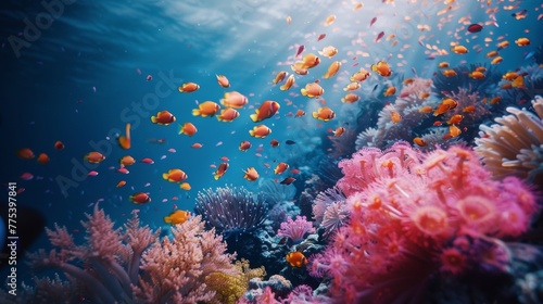 Immersive underwater world  vibrant coral reef and colorful fishes in high definition ocean scene #775397841