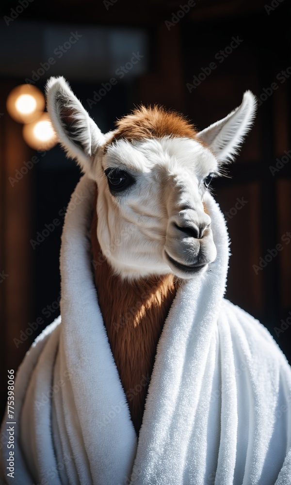 Fototapeta premium Portrait of a white alpaca wearing a white bathrobe in the mountains