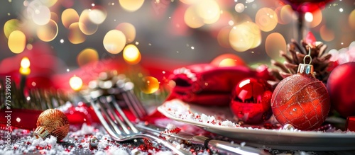 Christmas table adorned with crimson baubles and cutlery