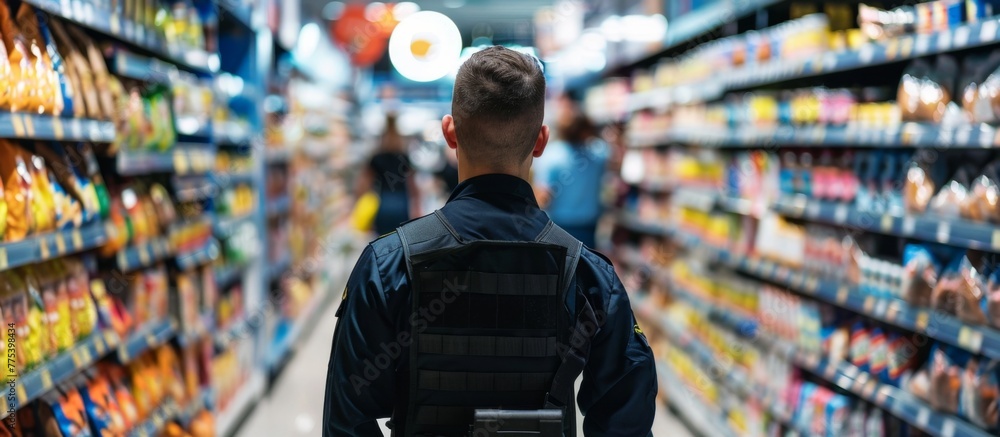 Man sitting in chair in grocery store aisle Man sitting in chair in grocery store aisle