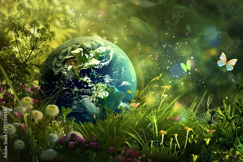Green earth surrounded by flowers and butterflies. Generative AI