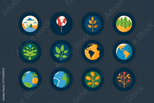 Set of icons for earth day. Plants, globes, landscapes arranged in a circle. Generative AI