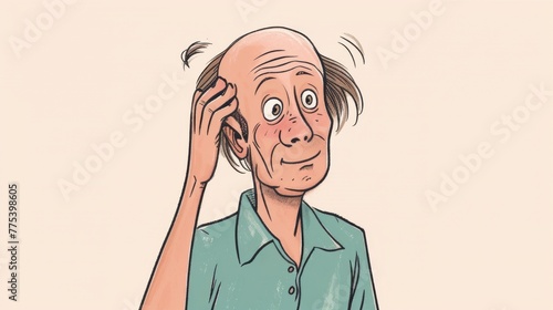 A cartoon depiction of a person with alopecia, depicting him in a comic style with an increased focus on the visual signs of the disease, which is intended to emphasize humor and optimism in the fight