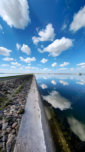 The Majestic Panorama of the IJsselmeer Dam under a Vast Blue Sky