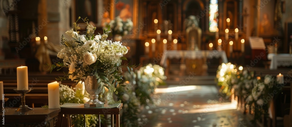 Candles and flowers line aisle church Candles and flowers line aisle church