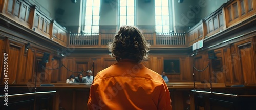 In a courtroom an inmate in an orange jumpsuit is questioned by a judge and jury denying charges and pleading innocence. Concept Legal proceedings, Criminal defense, Courtroom drama