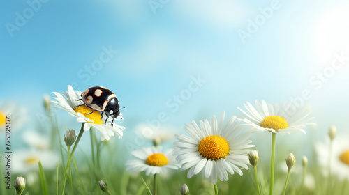 Vibrant Ladybug on a Daisy Over Blue Sky photo