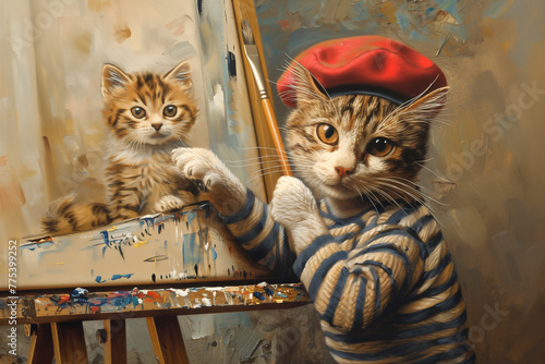 Cat, the artist,  in French beret is painting the cute little kitten. photo