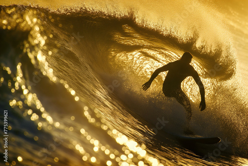 A surfer rides a towering wave as the sunset casts a golden glow over the sea, creating a scene of dynamic aquatic adventure and skill. © tjshot