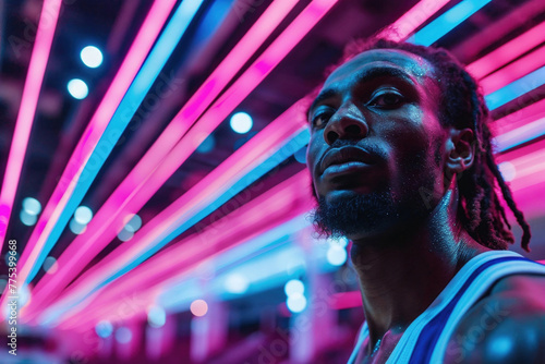 A basketball athlete stands contemplative, his features lit by the striking neon light stripes, rendered through generative AI technology