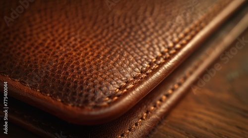 A close up of a brown leather wallet on top of wood, AI photo