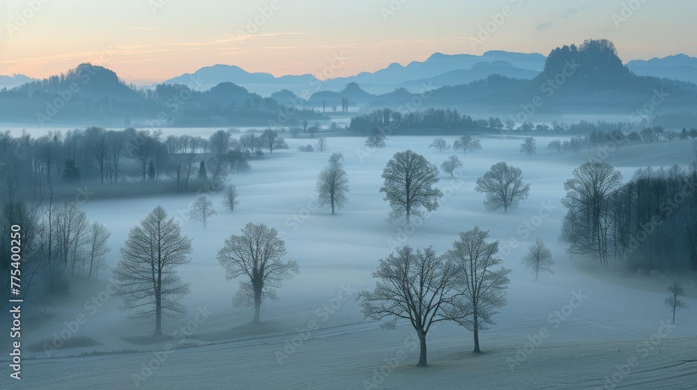   A foggy landscape with trees in the foreground and a distant mountain range in the background