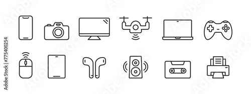 Gadget icon set. Device thin line icons. Smartphone, laptop, tablet,  drone, smart TV,  headphones, camera, Vector illustration