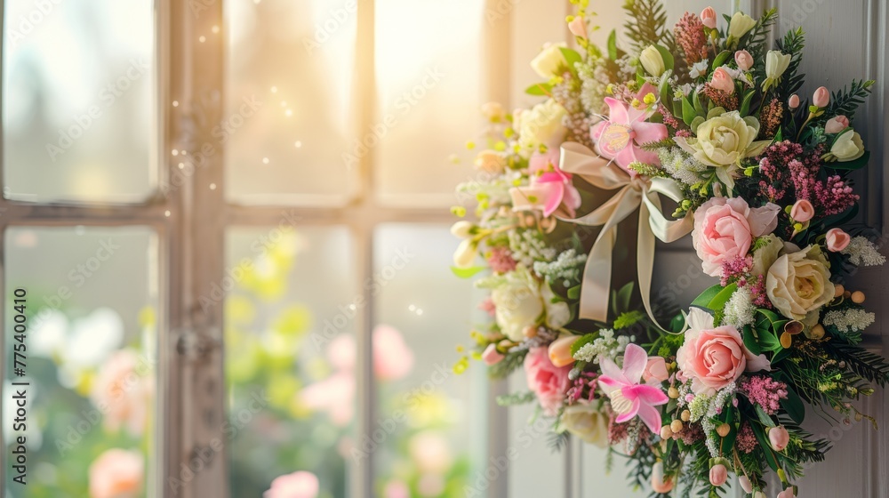 A wreath on a door with flowers and ribbon hanging from it, AI A wreath on a door with flowers and ribbon hanging from it, AI