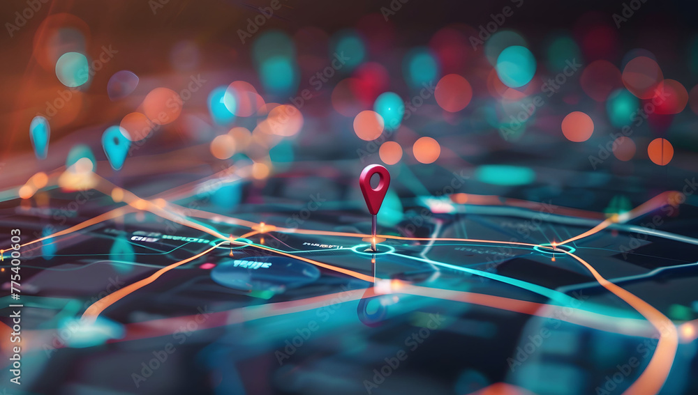 A digital map featuring interconnected location pins, symbolizing global network connectivity and geographic information technology. Concept of global connections and geolocation maps for business. - obrazy, fototapety, plakaty 