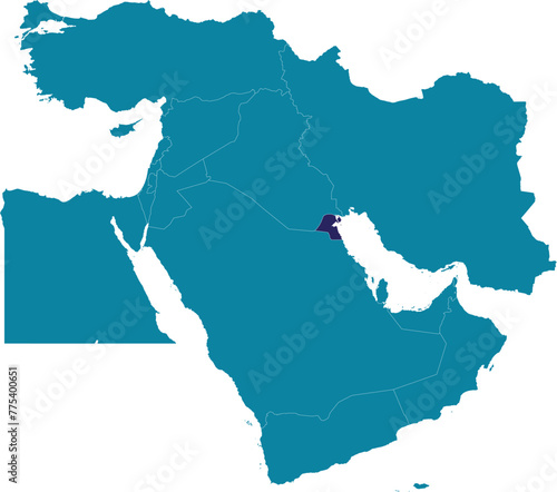 Purple detailed blank political map of KUWAIT with white borders on transparent background using orthographic projection of the marine blue Middle East