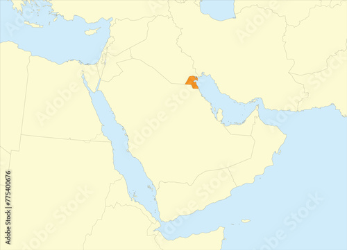 Orange detailed blank political map of KUWAIT with black borders on beige continent background and blue sea surfaces using orthographic projection of the Middle East © Sanja