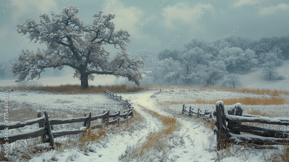   Snow-covered field with tree and dirt path leading to snow-covered trees