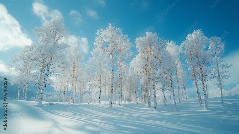 Obraz premium A cluster of trees in snow against a blue backdrop with scattered clouds