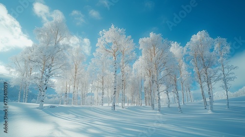  A cluster of trees in snow against a blue backdrop with scattered clouds