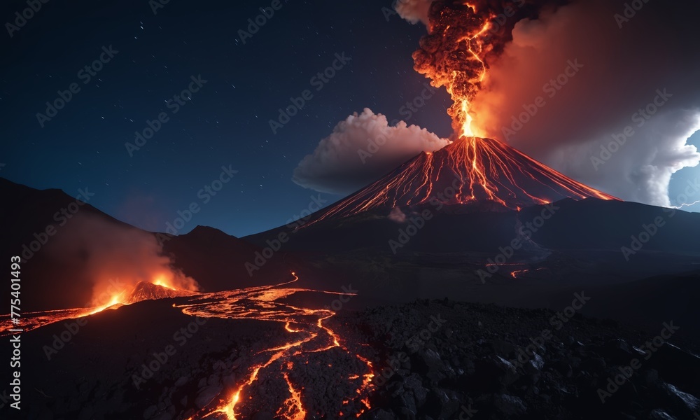 Strong volcanic eruption at night.