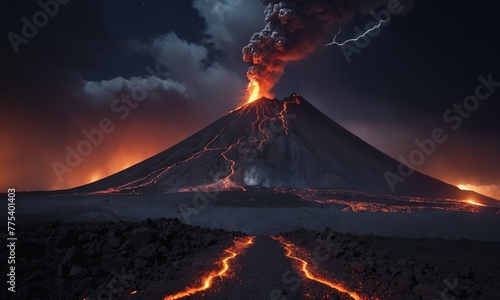 Strong volcanic eruption at night.