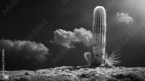   A monochrome picture of a saguaro cactus perched on a rocky outcropping beneath a cloud-laden sky