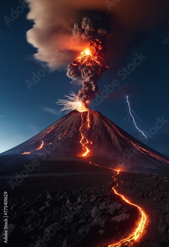 Strong volcanic eruption at night 