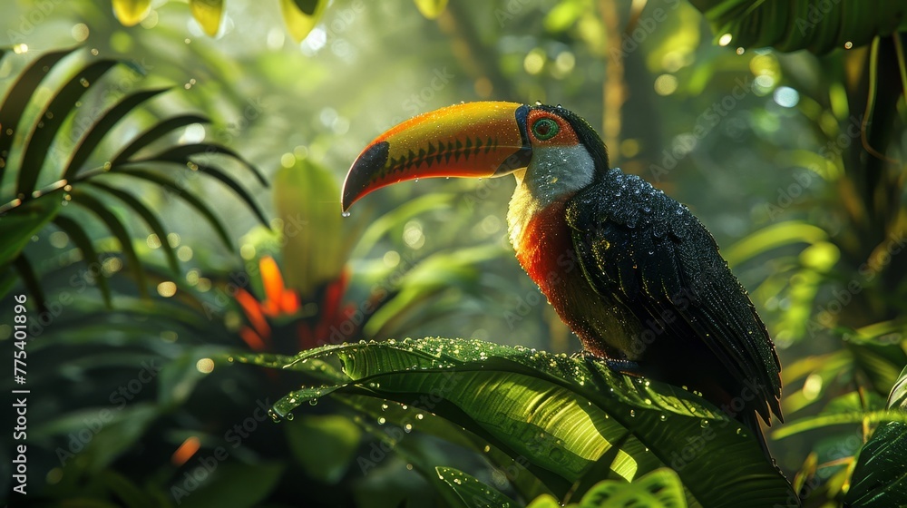 Naklejka premium Vivid amazon rainforest canopy with toucan, high resolution, vibrant hues, sharp details