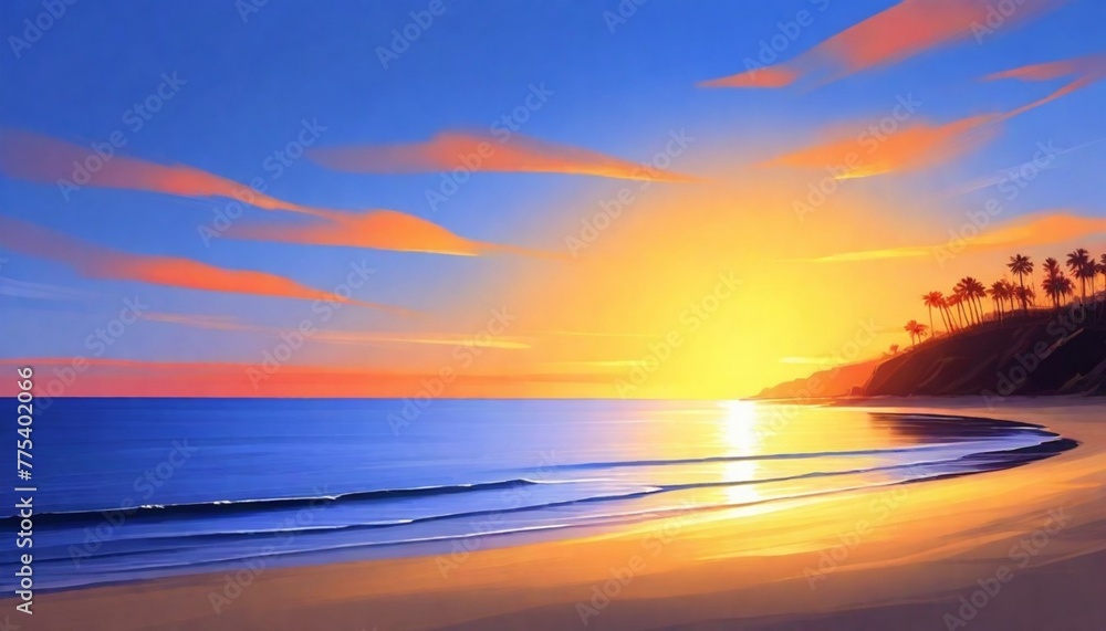 Digital Painting Serene Sunset Over A Calm Beach C (2)