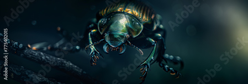 A beetle clings to a twig against a dark background, with a focus on its gleaming carapace