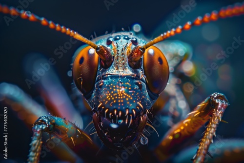 A vibrant close-up reveals the complex and vividly colored surface of an grasshopper face, highlighting the beauty of lesser-seen details © StockUp