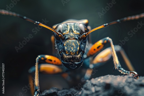 A striking close-up image showcasing the vivid coloration and structure of a grasshopper on a textured rock surface © StockUp