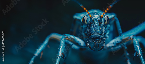 Intense close-up of an grasshopper emphasizing its facial features and vibrant blue hue photo
